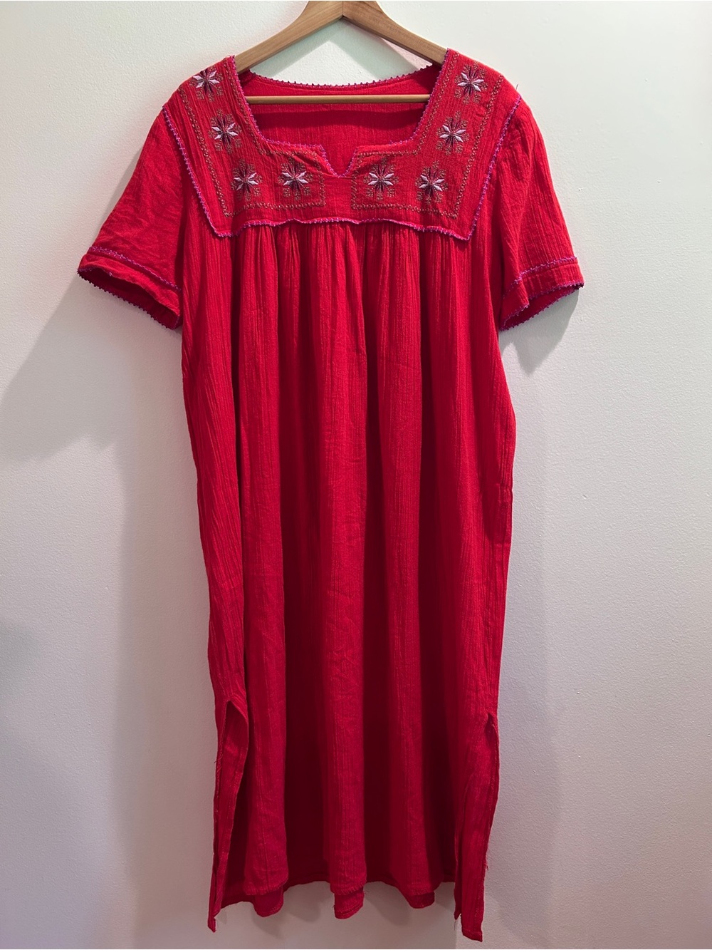 Oddbird Co. Red Cotton Kaftan with Embroidered Detailing, Size Medium/Large